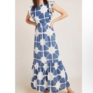 The Odells Seville Maxi Dress Ruffle Boho Artsy Beach Sorento White Blue in S